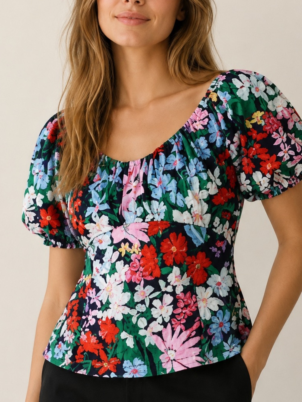 Old Navy Floral Puff Sleeve Cotton Peasant Top Smocked Square Neck NWOT M